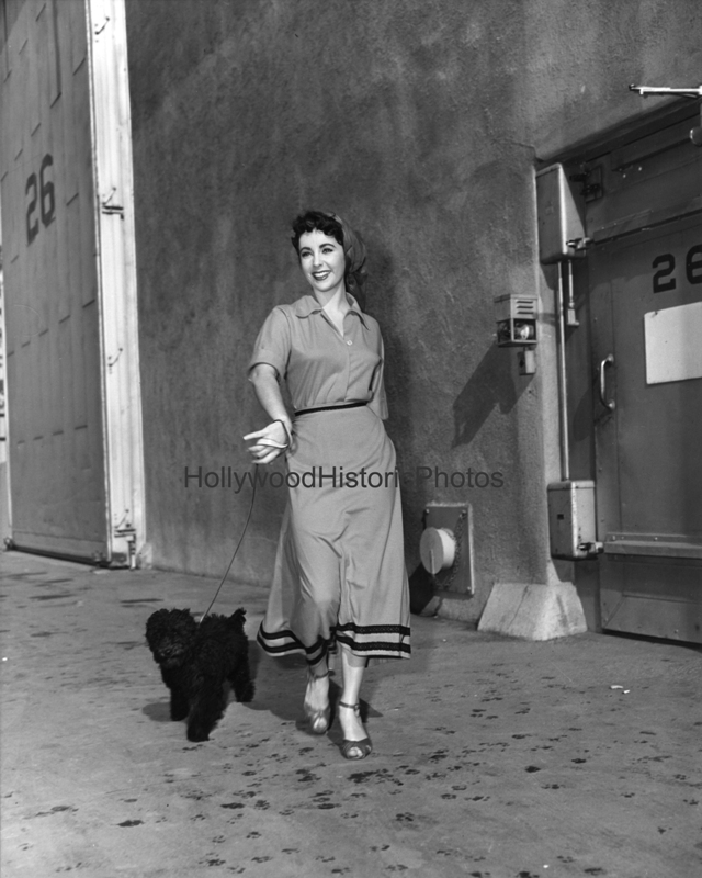 Elizabeth Taylor with her pet French poodle Rags at MGM Studios.jpg